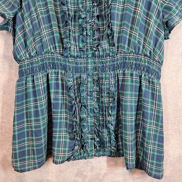 Torrid Womens 2X Plaid Ruffled Button Front Blouse Top Blue Green peplum office - Picture 4 of 11